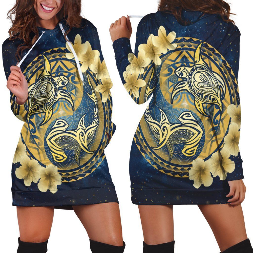 Hawaii Galaxay Yin Yang Turtle Shark Hibiscus Plumeria Hoodie Dress - AH Black - Polynesian Pride