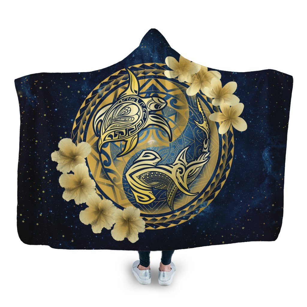 Hawaii Galaxay Yin Yang Turtle Shark Hibiscus Plumeria Hooded Blanket - AH Hooded Blanket White - Polynesian Pride