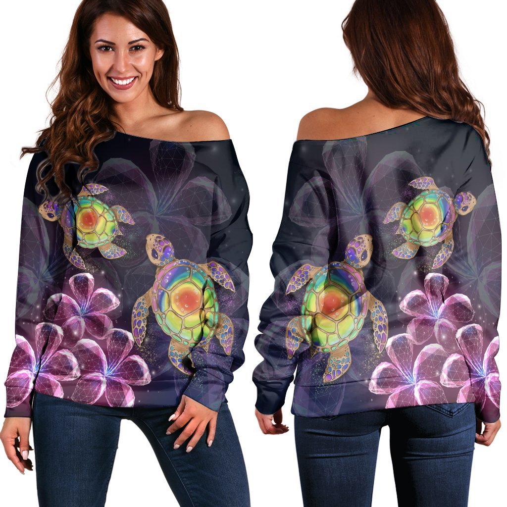 Hawaii Galaxy Turtle Hibiscus Women's Off Shoulder Sweater - AH Black - Polynesian Pride