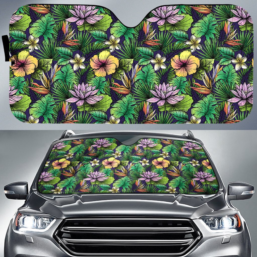 Hawaii Hibiscus And Plumeria Green Hawaii Car Sun Shade Auto Sun Shade Universal Fit Green - Polynesian Pride