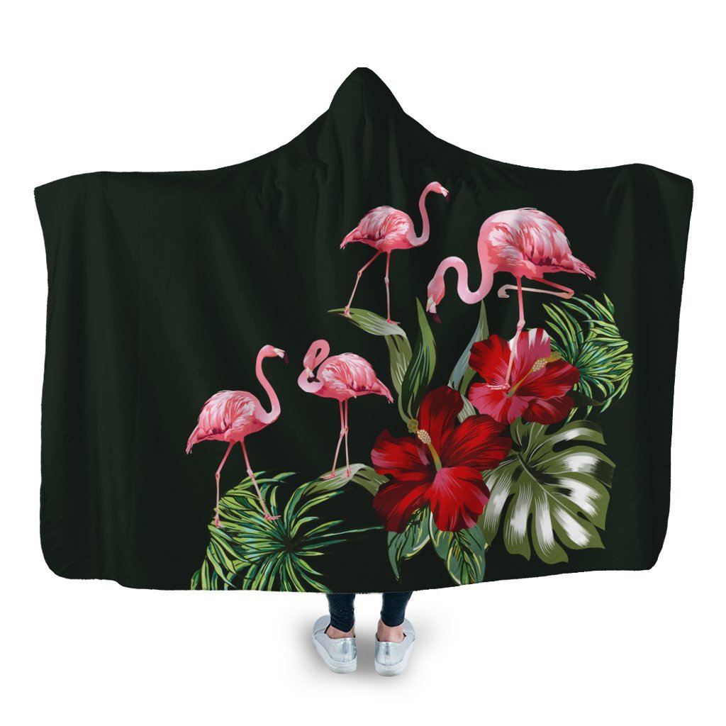 Hawaii Hibiscus Flamingo Hooded Blanket - AH Hooded Blanket White - Polynesian Pride