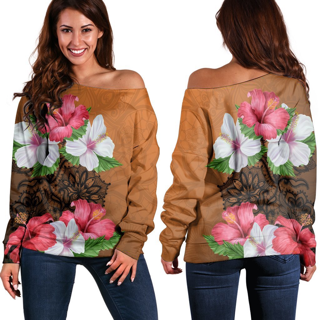 Hawaii Hibiscus Flower Polynesia Women's Off Shoulder Sweater - AH Black - Polynesian Pride