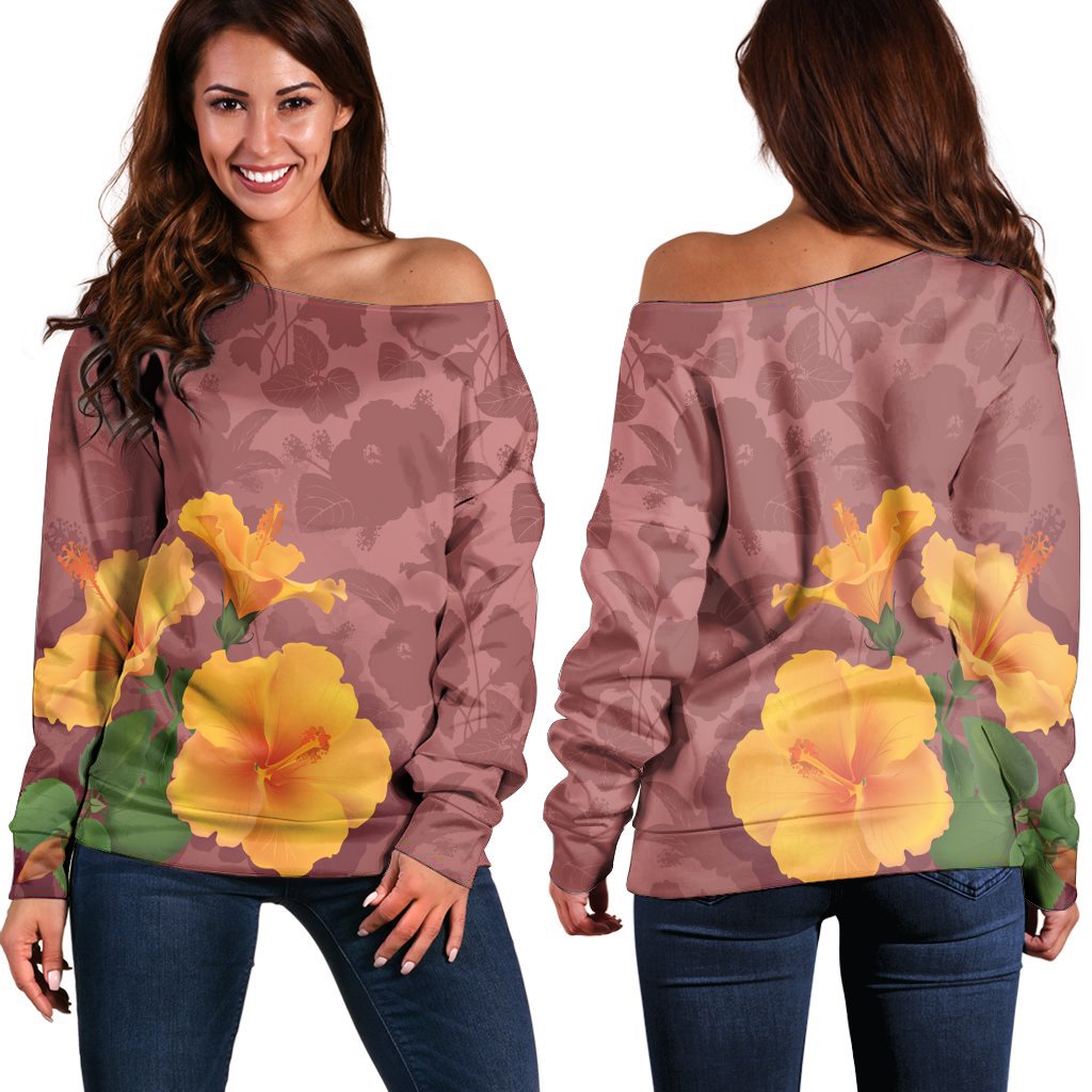 Hawaii Hibiscus Pink Women's Off Shoulder Sweater - AH Black - Polynesian Pride