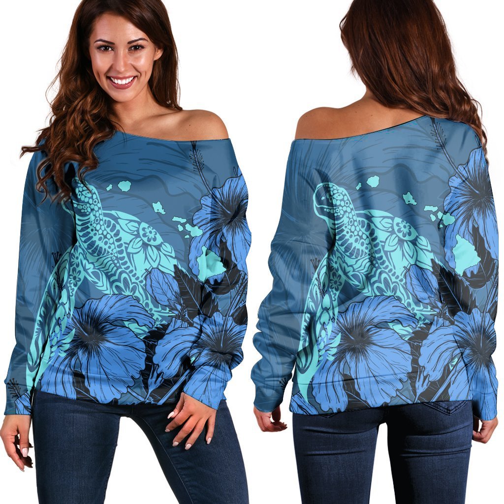 Hawaii Hibiscus Turtle Women's Off Shoulder Sweater - AH Black - Polynesian Pride