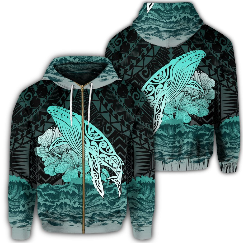 Hawaii Hibiscus Wale Polynesian Zip Hoodie Unisex Art - Polynesian Pride