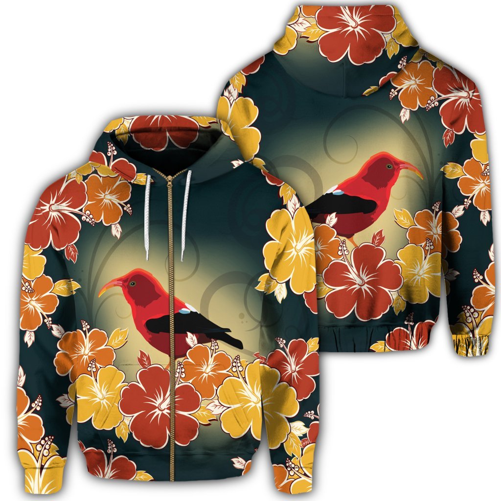 Hawaii Honeycreeper Hibiscus Zip Hoodie Unisex Art - Polynesian Pride