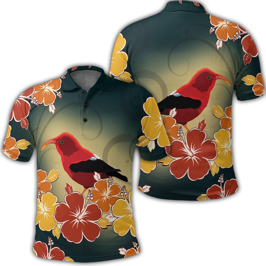 Hawaii Honeycreeper Hibiscus Polo Shirt Unisex Black - Polynesian Pride