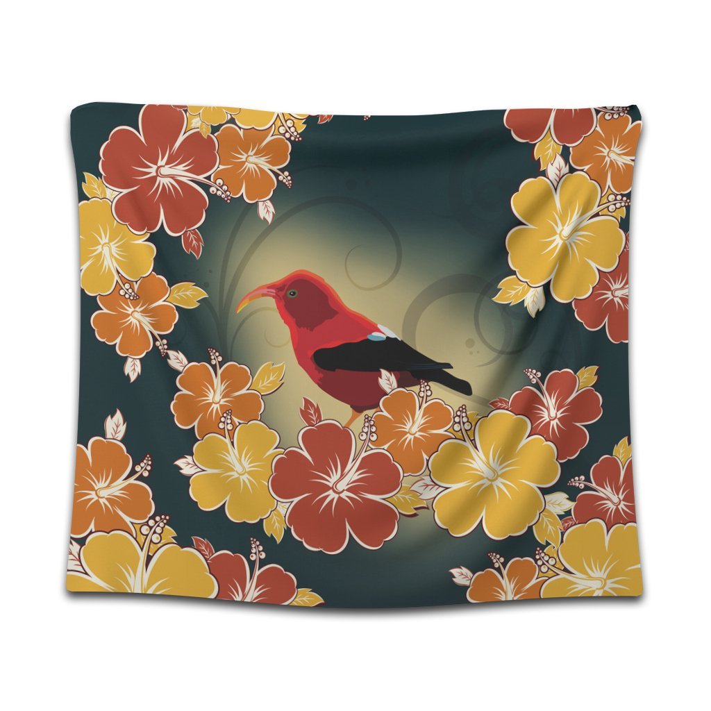 Hawaii Honeycreeper Hibiscus Tapestry - AH Wall Tapestry Black - Polynesian Pride