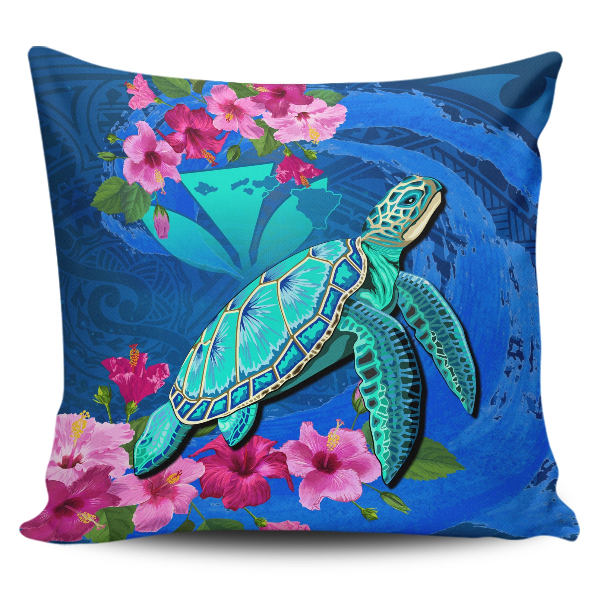 Hawaii Honu Aumakua Sea Hibiscus Pillow Cover - Nin Style One Size Blue - Polynesian Pride