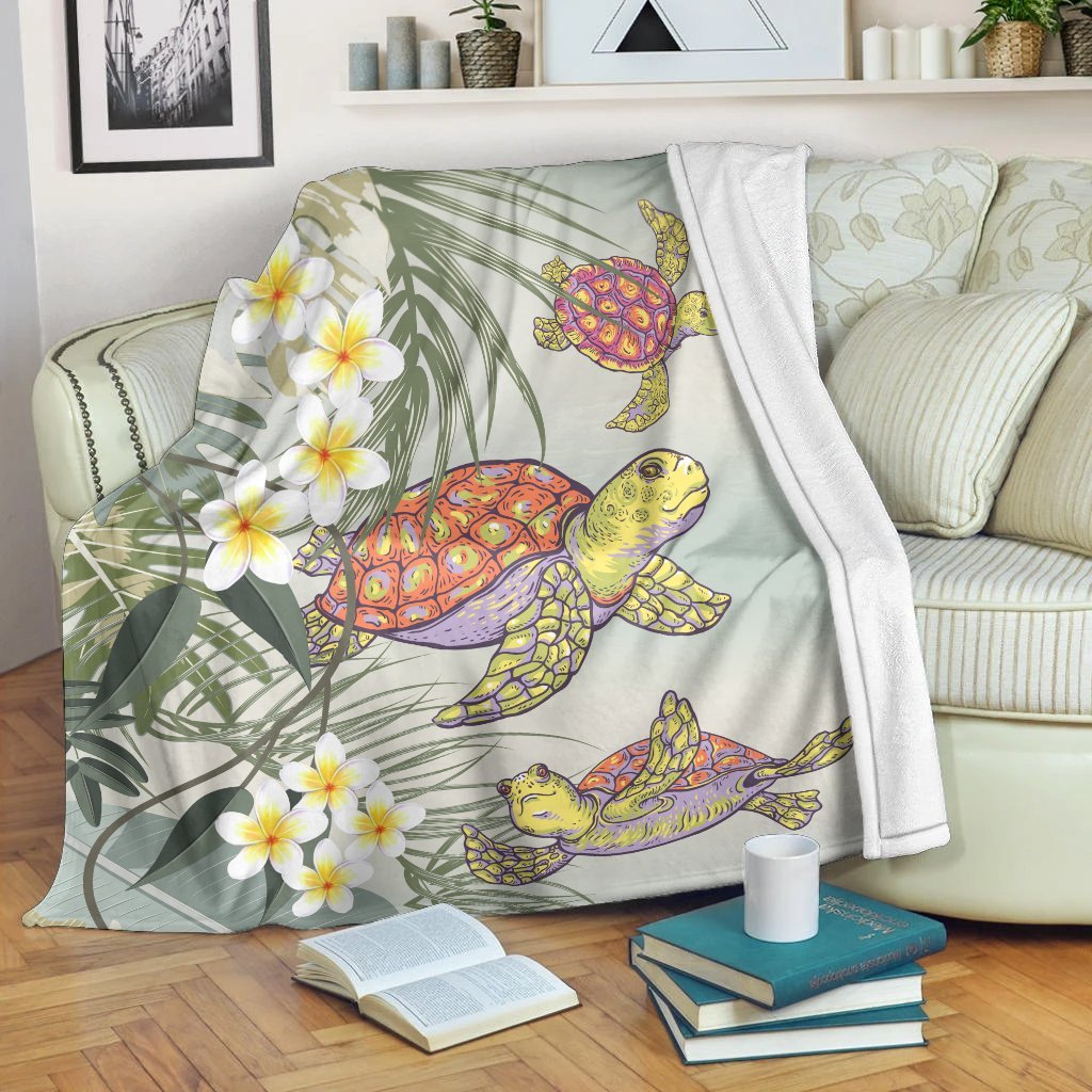 Hawaii Honu Chibi Sea Plumeria Premium Blankets - AH White - Polynesian Pride