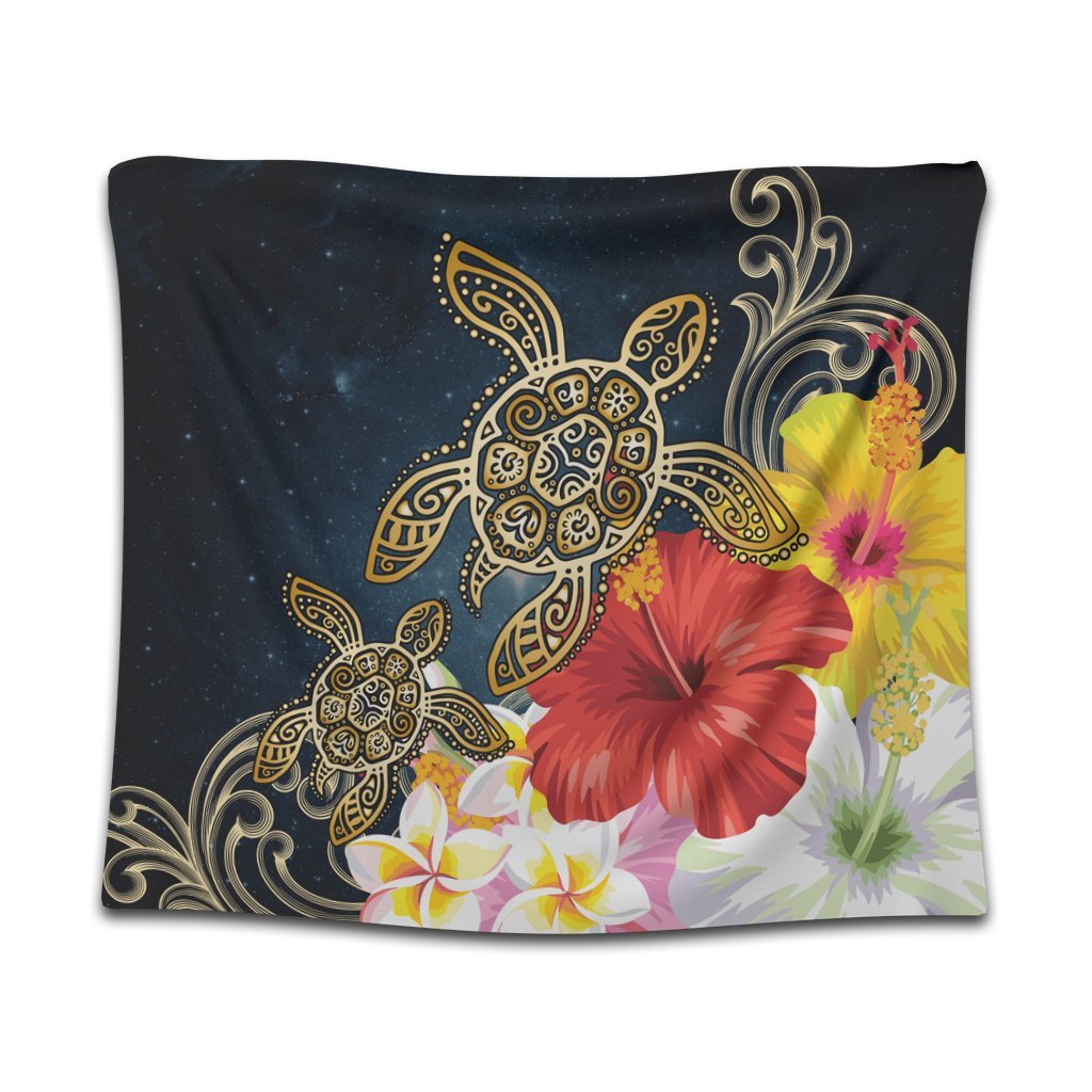 Hawaii Honu Hibiscus Galaxy Tapestry - AH Wall Tapestry Black - Polynesian Pride