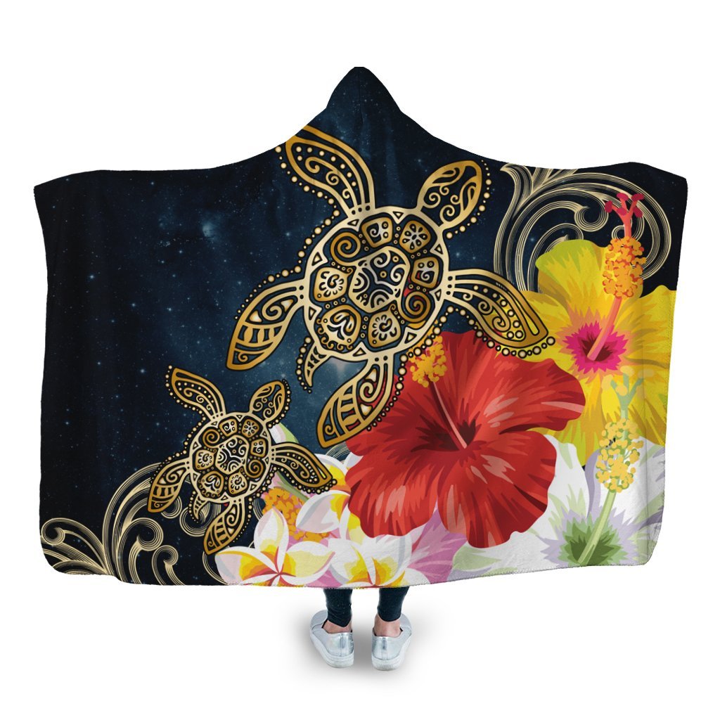 Hawaii Honu Hibiscus Galaxy Hooded Blanket - AH Hooded Blanket White - Polynesian Pride