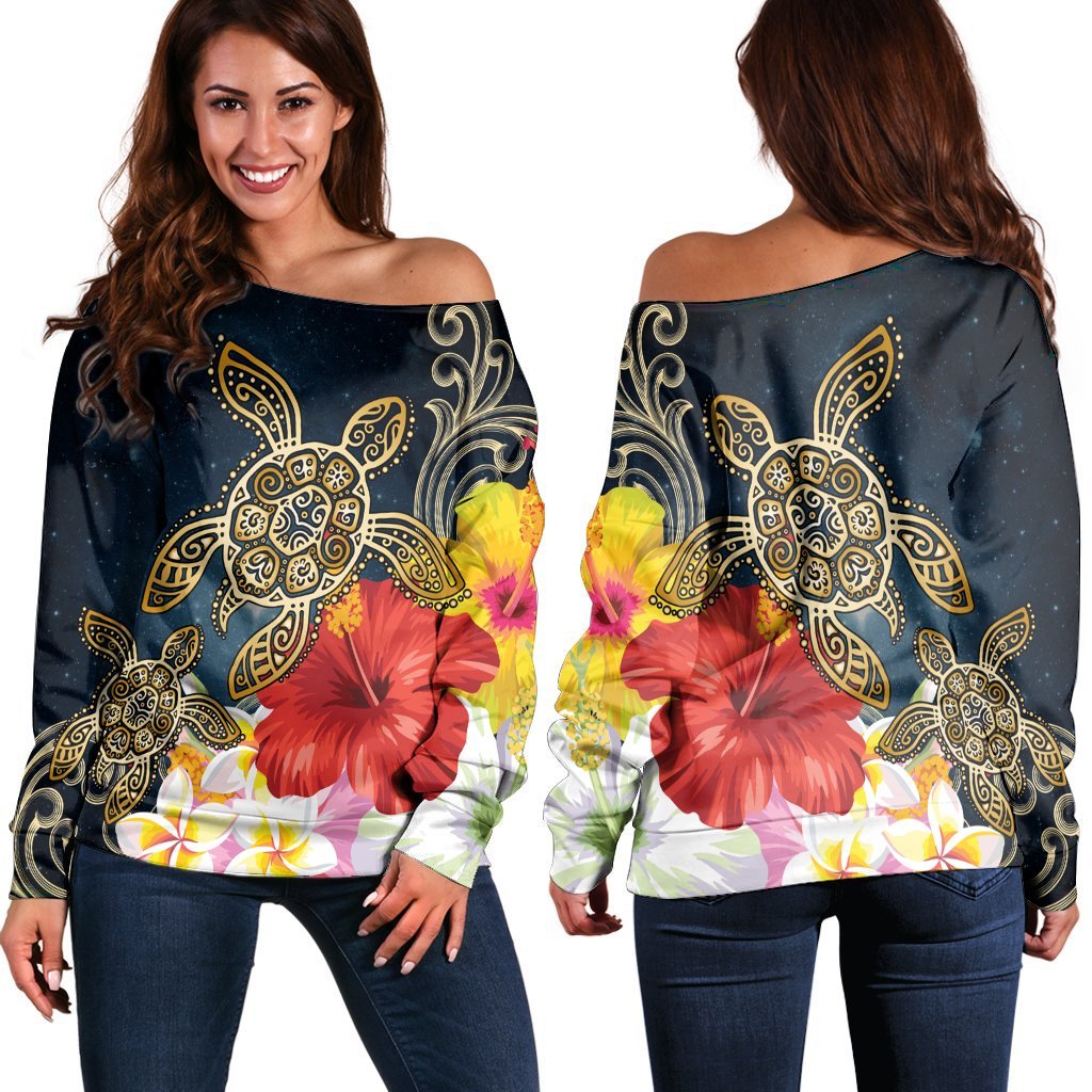 Hawaii Honu Hibiscus Galaxy Women's Off Shoulder Sweater - AH Black - Polynesian Pride