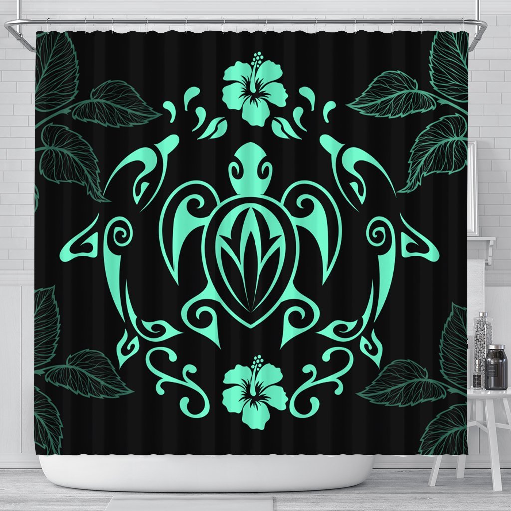 Hawaii Honu Turtle Dolphin With Plumeria Shower Curtain - AH 177 x 172 (cm) Black - Polynesian Pride