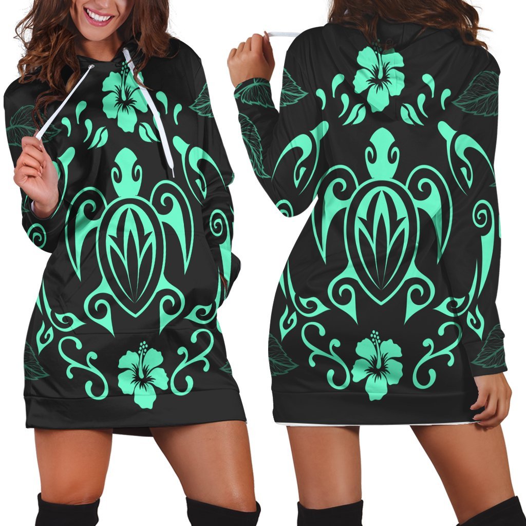 Hawaii Honu Turtle Dolphin With Plumeria Hoodie Dress - AH Black - Polynesian Pride