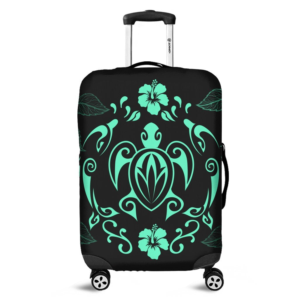 Hawaii Honu Turtle Dolphin With Plumeria Luggage Covers - AH Black - Polynesian Pride