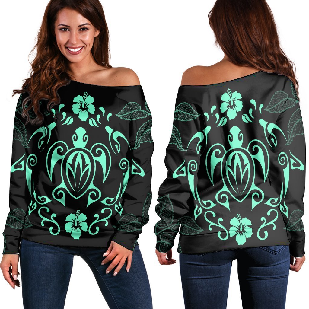 Hawaii Honu Turtle Dolphin With Plumeria Women's Off Shoulder Sweater - AH Black - Polynesian Pride