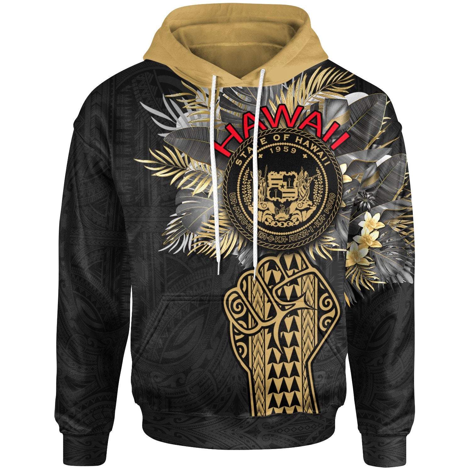 Hawaii Hoodie Coat of Arm Clenched Fist Unisex Black - Polynesian Pride