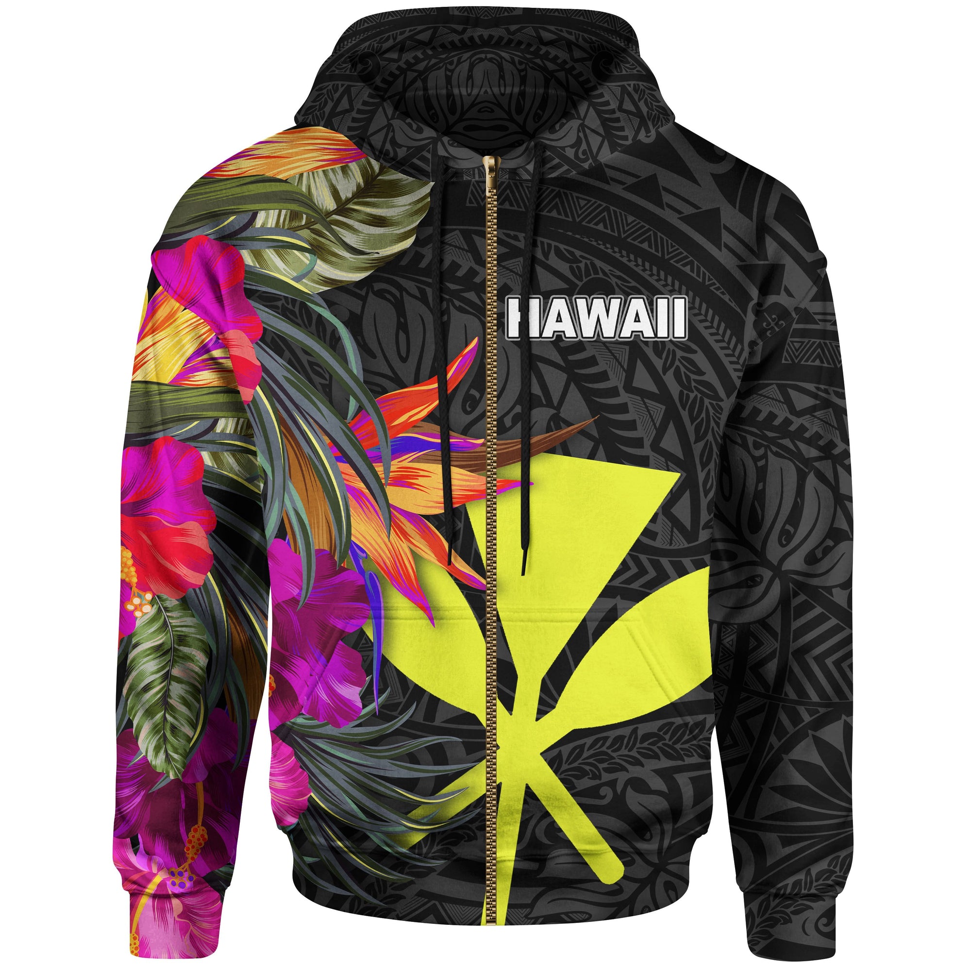 Hawaii Zip up Hoodie Hibiscus Polynesian Pattern Unisex Black - Polynesian Pride