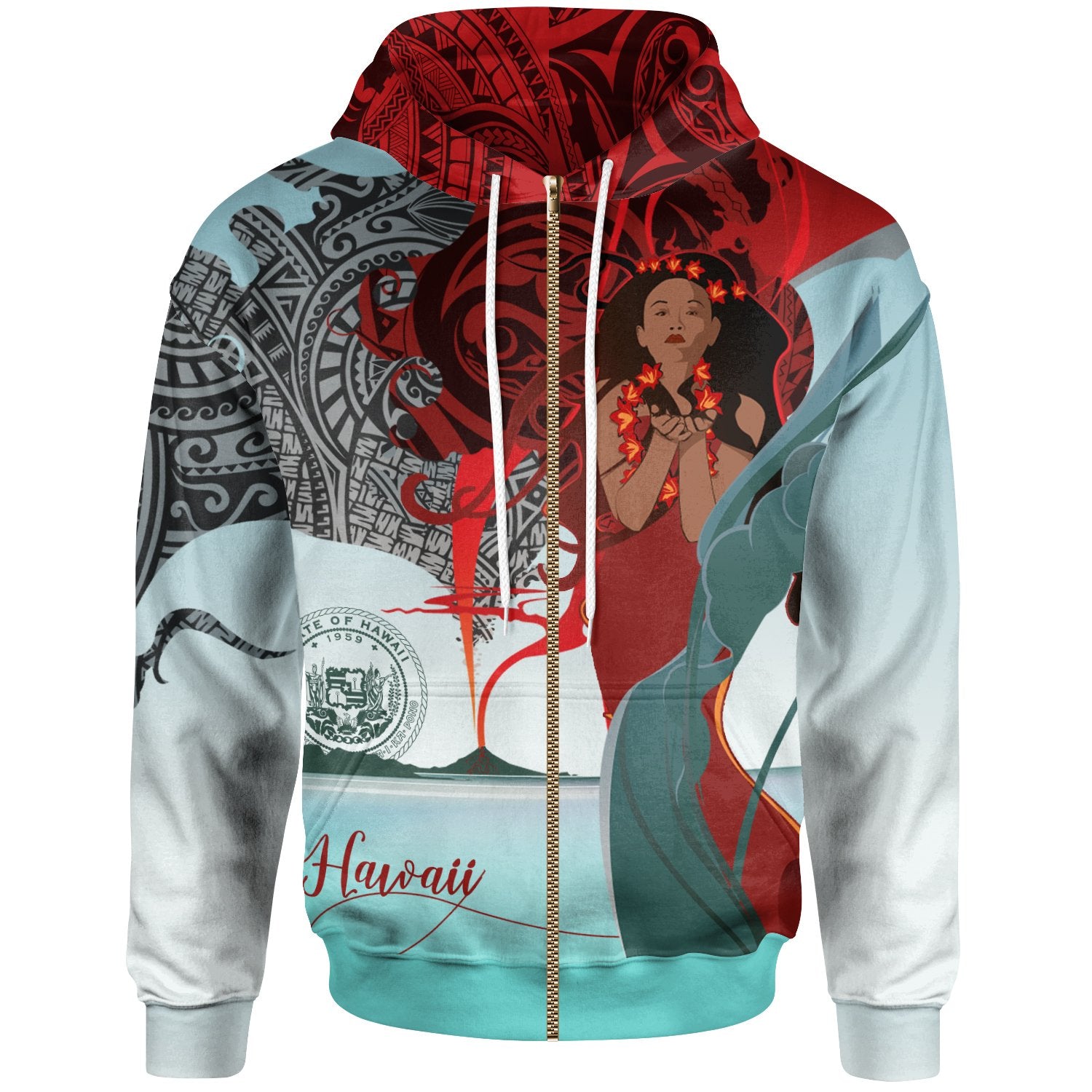 Hawaii Zip up Hoodie Polynesian Girl of Volcano Unisex Red - Polynesian Pride