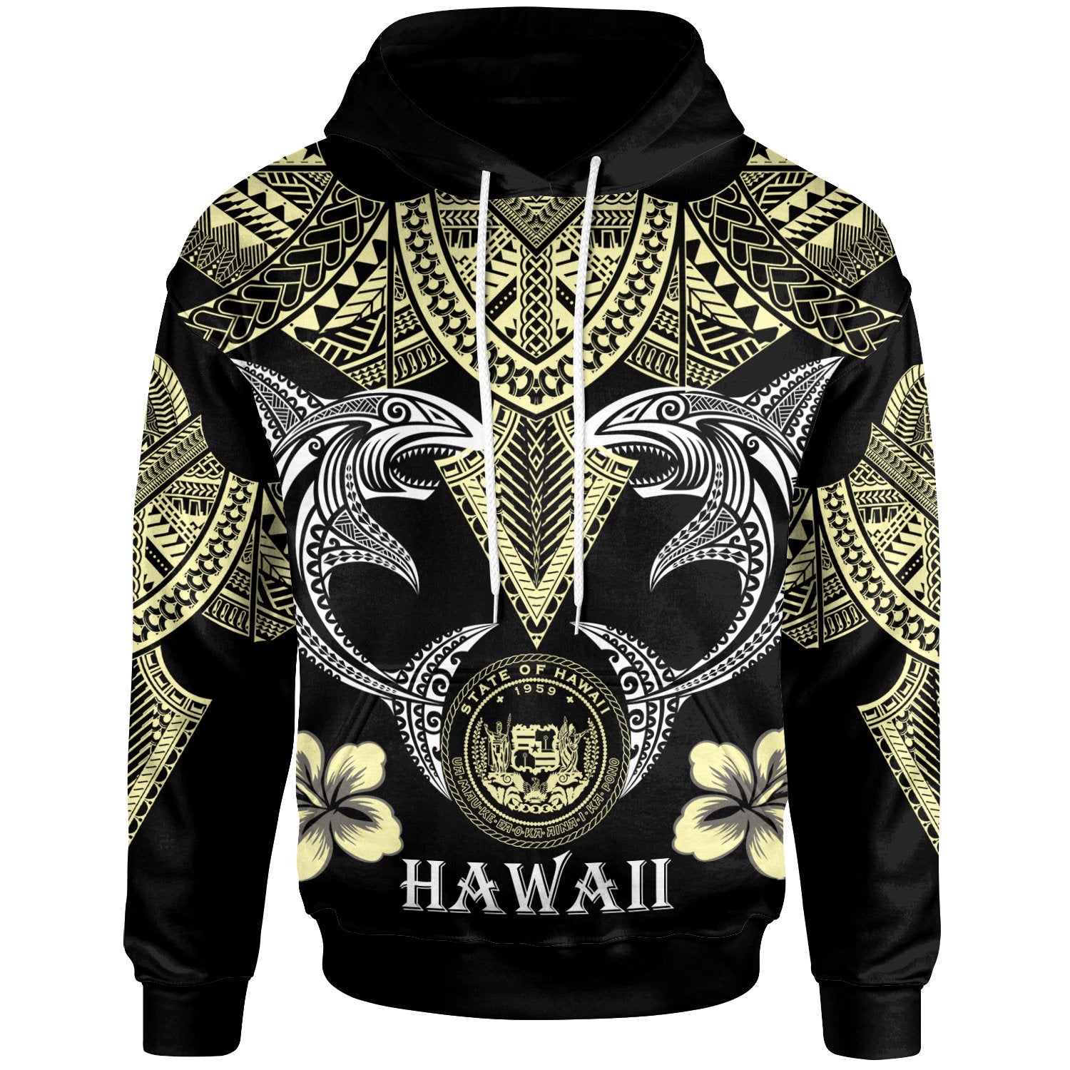 Hawaii Hoodie Pacific Maori Pattern Sharks Unisex Black - Polynesian Pride