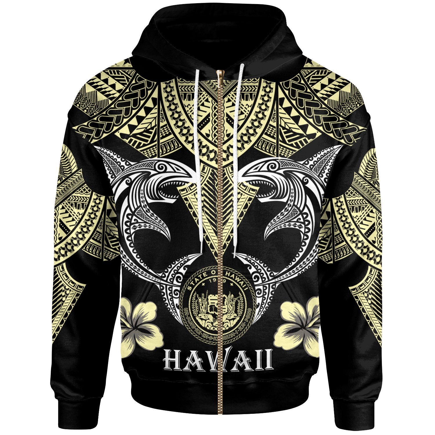 Hawaii Zip up Hoodie Pacific Maori Pattern Sharks Unisex Black - Polynesian Pride