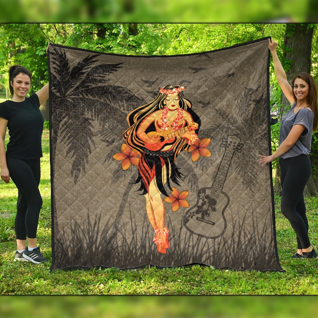 Hawaii Hula Girl Ukulele Plumeria Premium Quilts - AH Black - Polynesian Pride