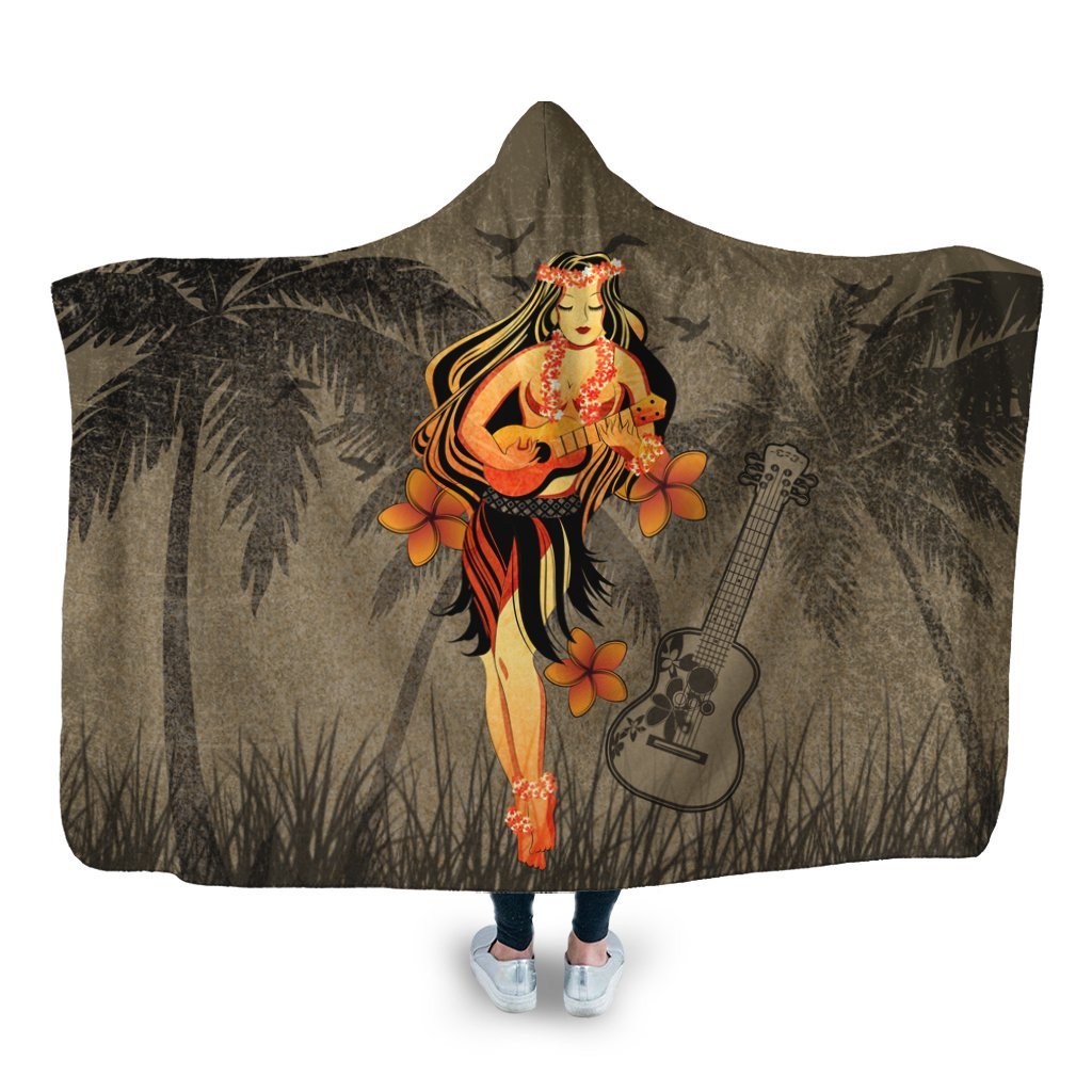 Hawaii Hula Girl Ukulele Plumeria Hooded Blanket - AH Hooded Blanket White - Polynesian Pride