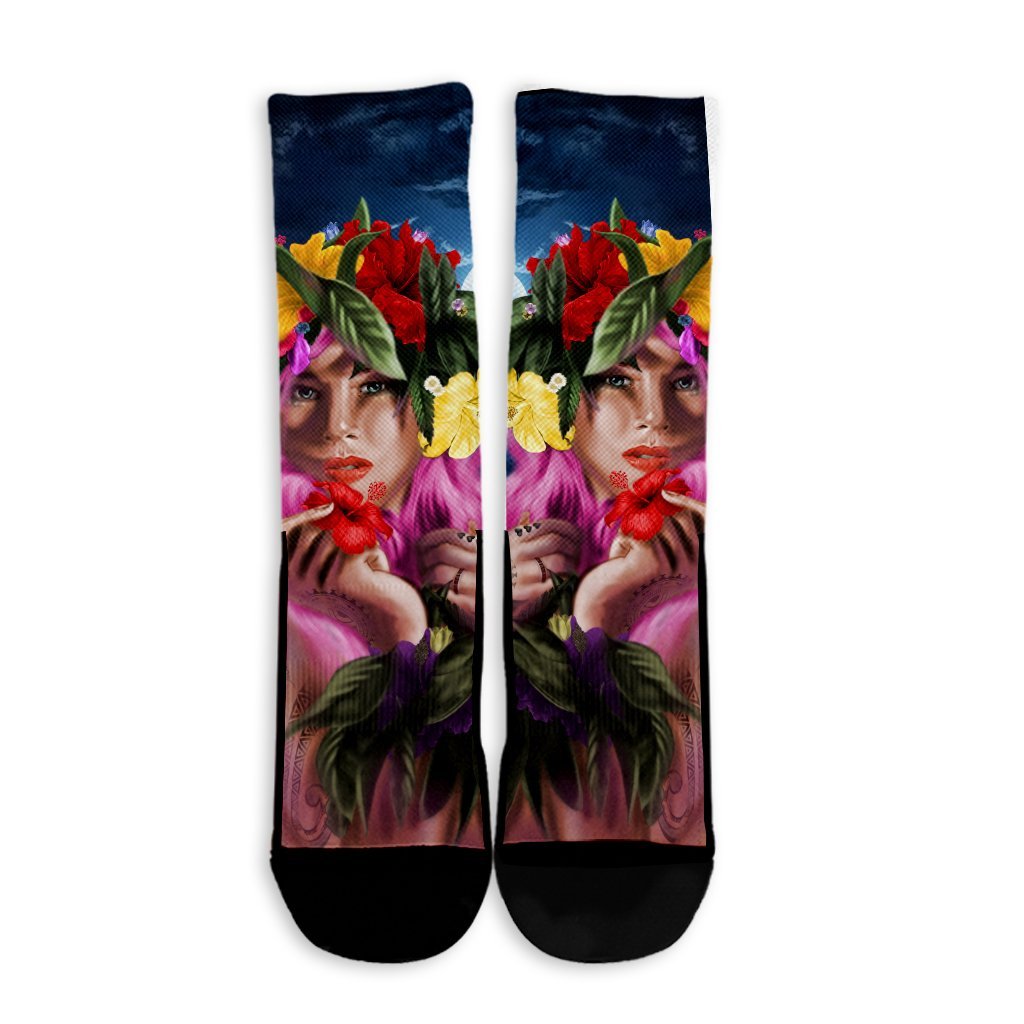 Hawaii Kanaka Colorful Hula Girl Crew Socks - Dinh Style - Polynesian Pride