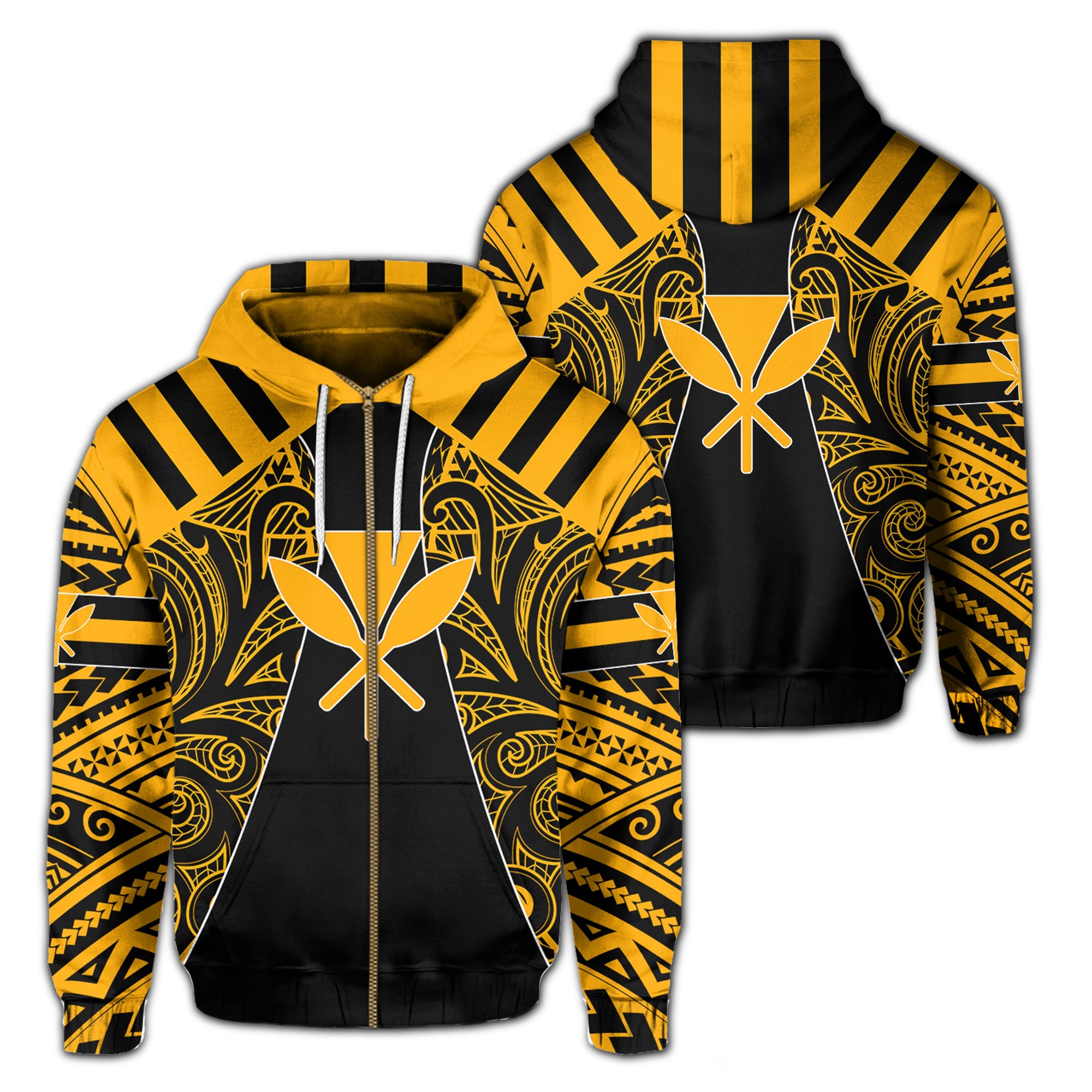 Hawaii Kanaka Football Jersey Polynesian Hoodie Zip Black & Yellow Victor Style Unisex Black - Polynesian Pride