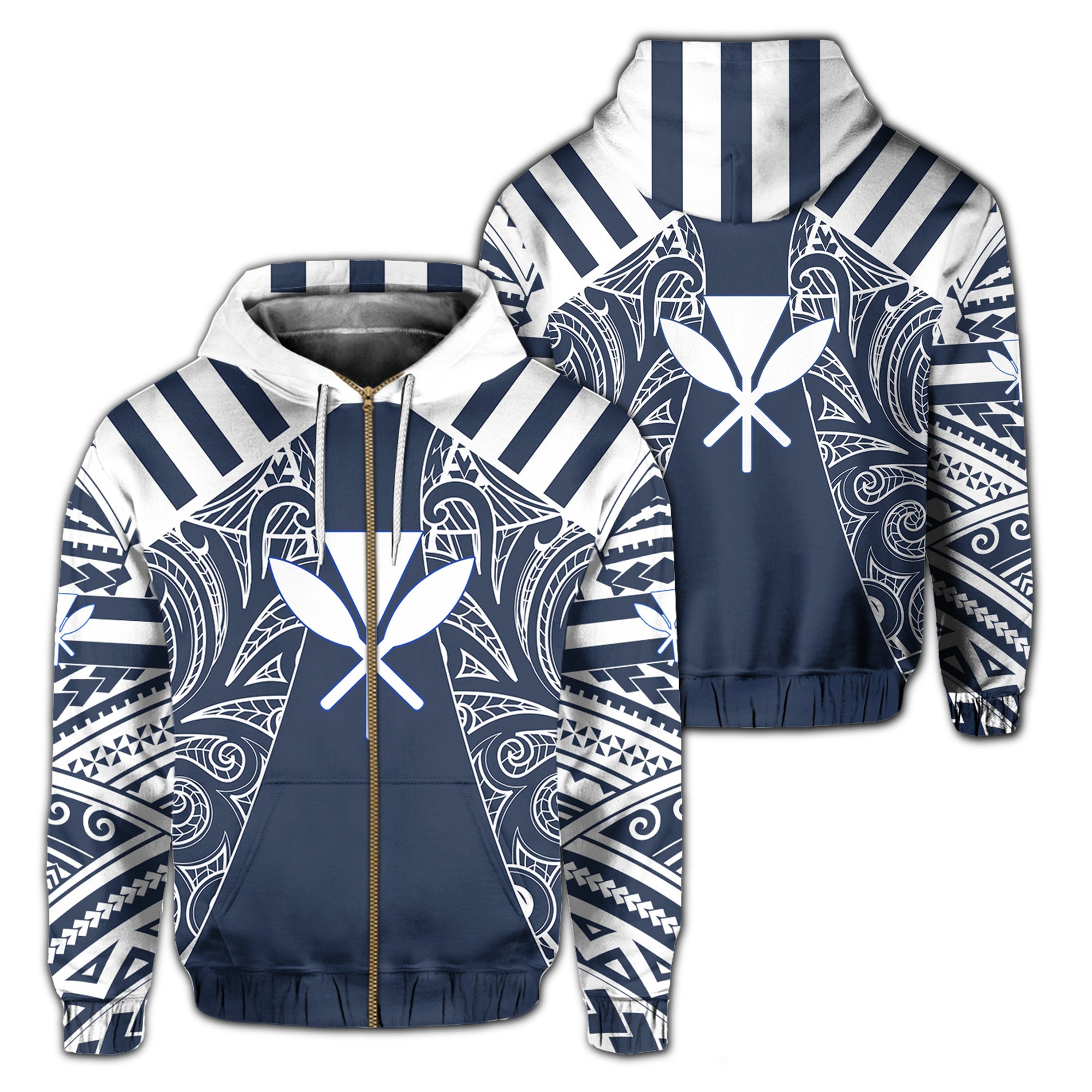 Hawaii Kanaka Football Jersey Polynesian Hoodie Zip Blue and White Victor Style Unisex Blue - Polynesian Pride