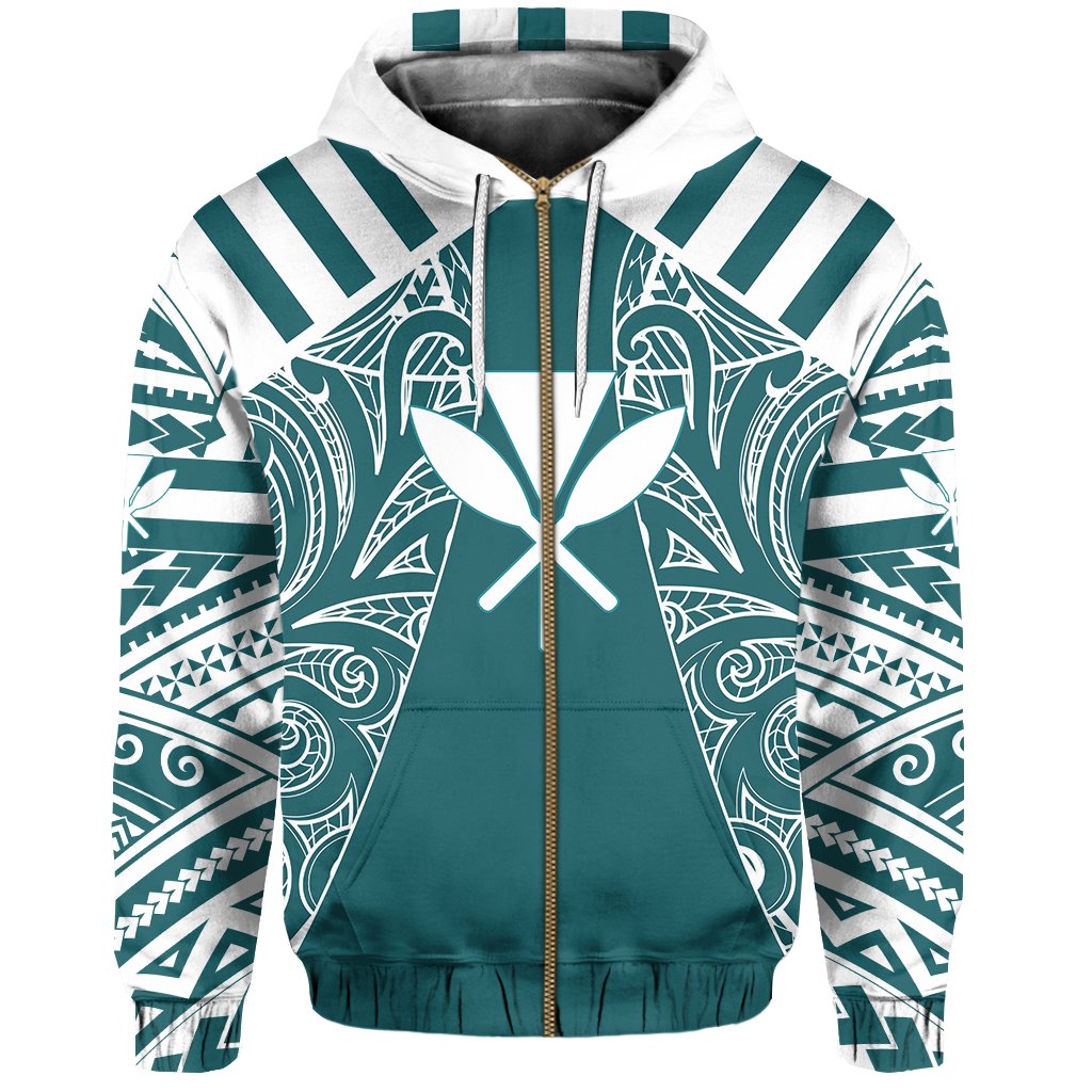 Hawaii Kanaka Football Jersey Polynesian Hoodie Zip Cyan & White Victor Style - Polynesian Pride