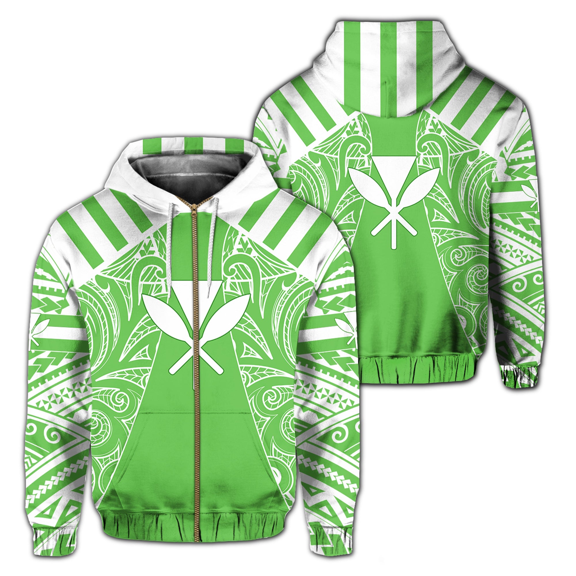 Hawaii Kanaka Football Jersey Polynesian Hoodie Zip Green & White Victor Style Unisex Green - Polynesian Pride