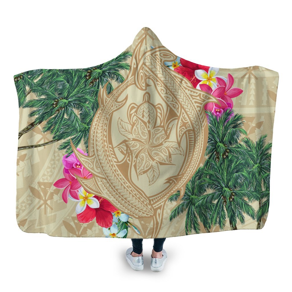 Hawaii Kanaka Maoli Palm Trees Turtle And Sharks Hooded Blanket - AH Hooded Blanket White - Polynesian Pride