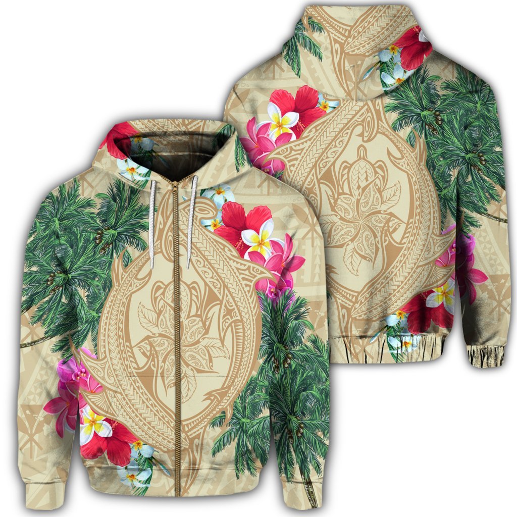 Hawaii Kanaka Maoli Palm Trees Turtle and Sharks Zip Hoodie Unisex Art - Polynesian Pride