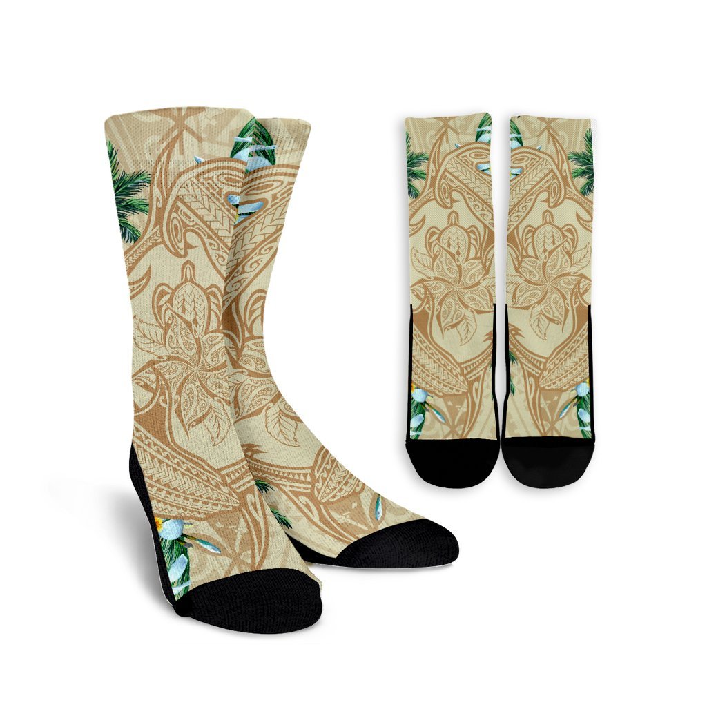 Hawaii Kanaka Maoli Palm Trees Turtle And Sharks Crew Socks - AH Crew Socks White - Polynesian Pride