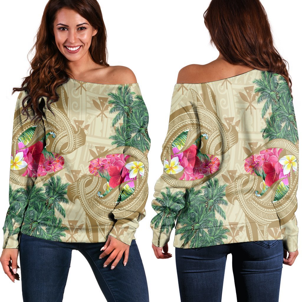 Hawaii Kanaka Maoli Plumeria Palm Trees Hammer Shark Women's Off Shoulder Sweater - AH Black - Polynesian Pride