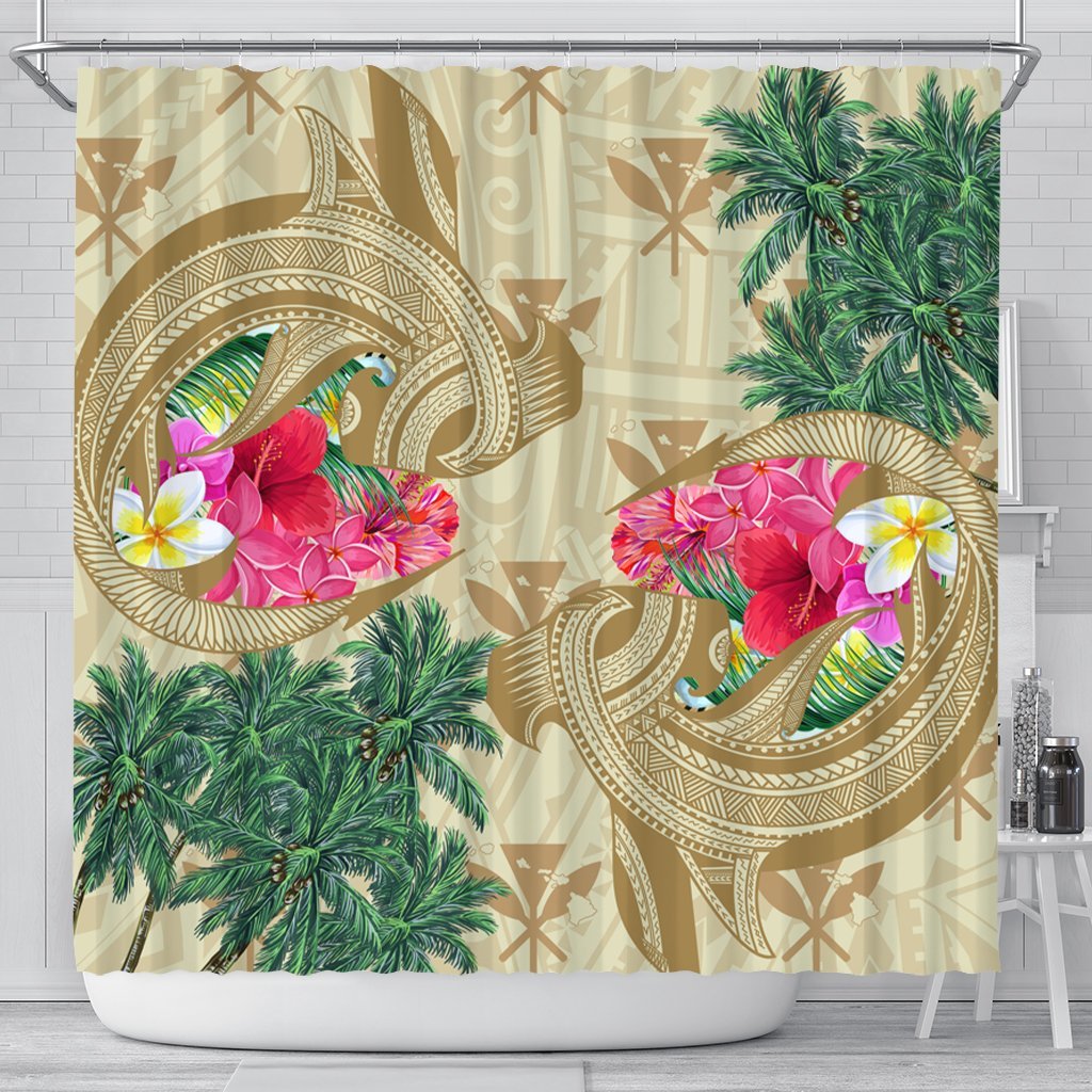 Hawaii Kanaka Maoli Plumeria Palm Trees Hammer Shark Shower Curtain - AH 177 x 172 (cm) Black - Polynesian Pride