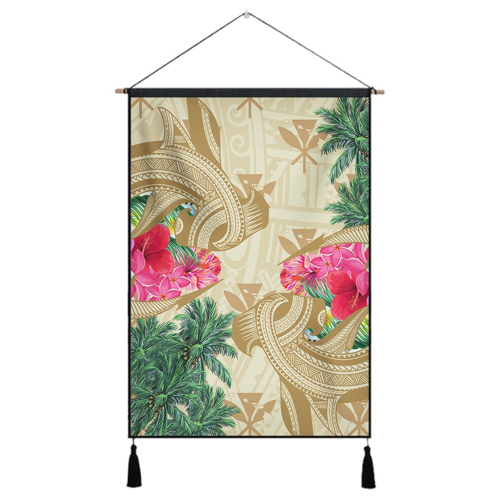 Hawaii Kanaka Maoli Plumeria Palm Trees Hammer Shark Hanging Poster - AH Hanging Poster Cotton And Linen - Polynesian Pride