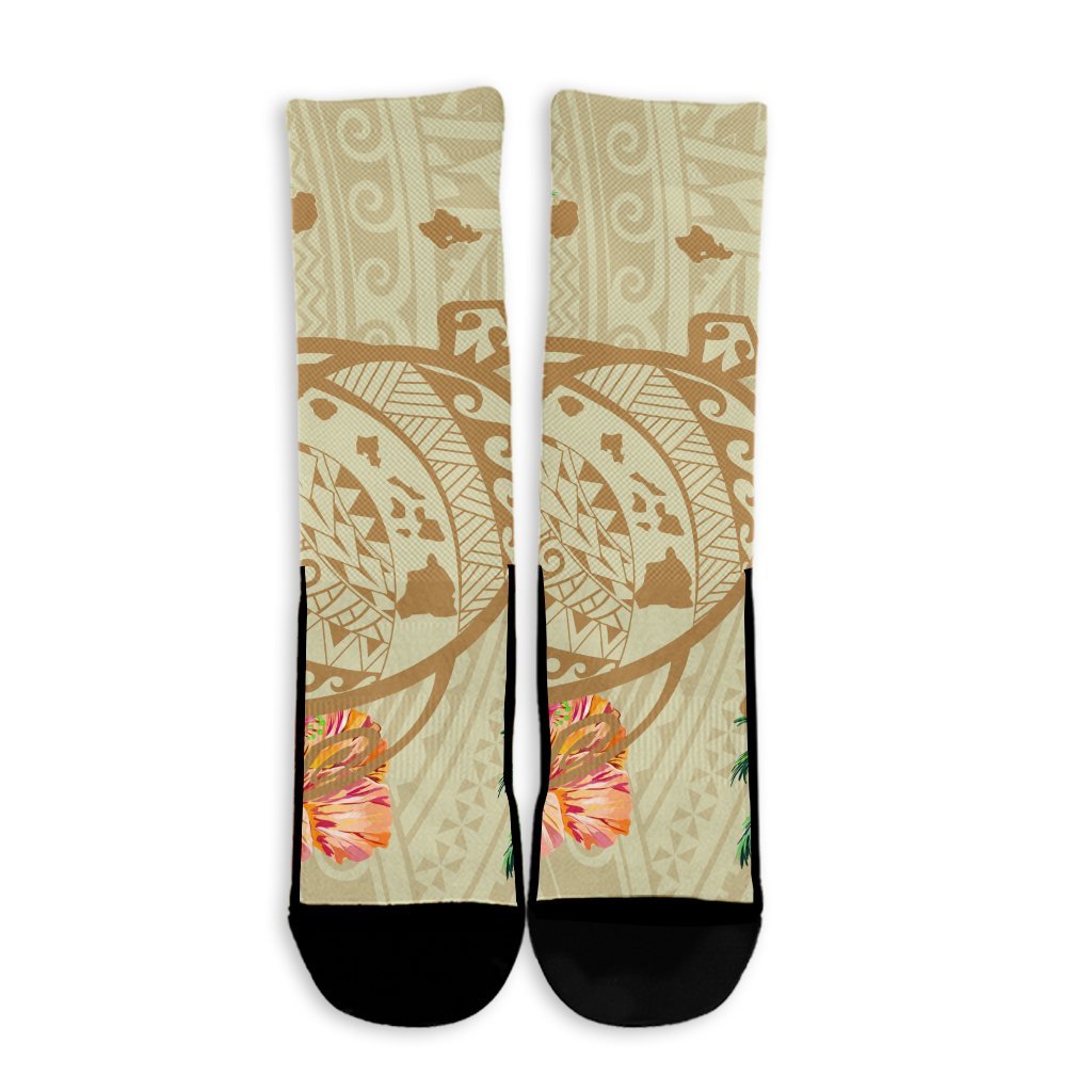 Hawaii Kanaka Maoli Polynesian Flowers Turtle Crew Socks - AH - Polynesian Pride