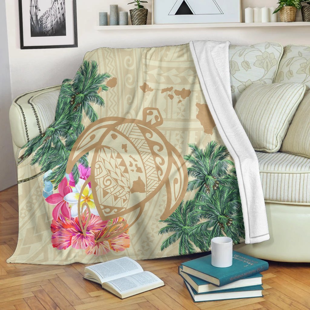 Hawaii Kanaka Maoli Polynesian Flowers Turtle Premium Blankets - AH White - Polynesian Pride