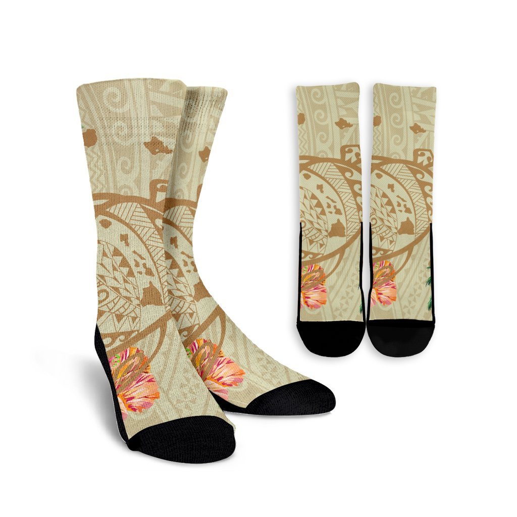 Hawaii Kanaka Maoli Polynesian Flowers Turtle Crew Socks - AH Crew Socks White - Polynesian Pride