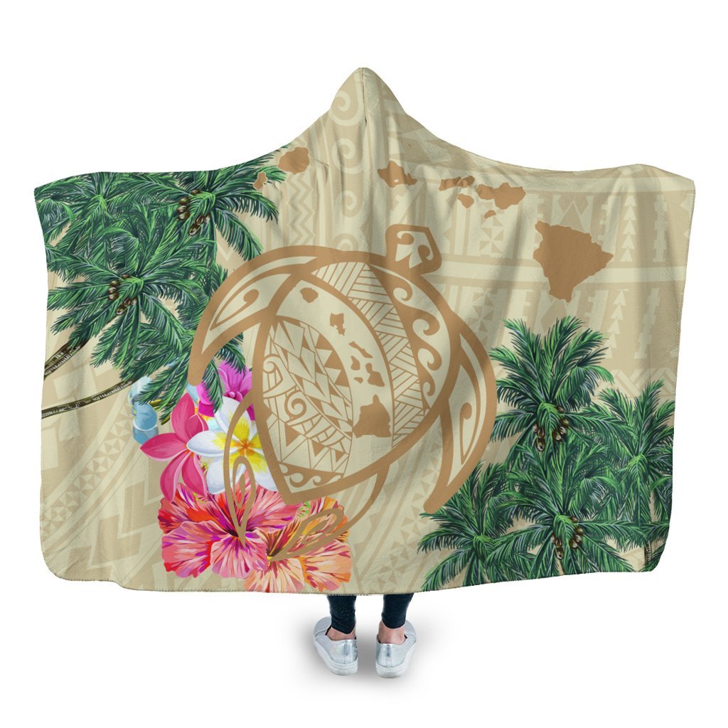 Hawaii Kanaka Maoli Polynesian Flowers Turtle Hooded Blanket - AH Hooded Blanket White - Polynesian Pride