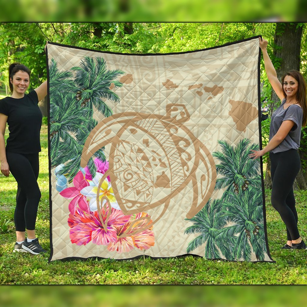 Hawaii Kanaka Maoli Polynesian Flowers Turtle Premium Quilts - AH Black - Polynesian Pride