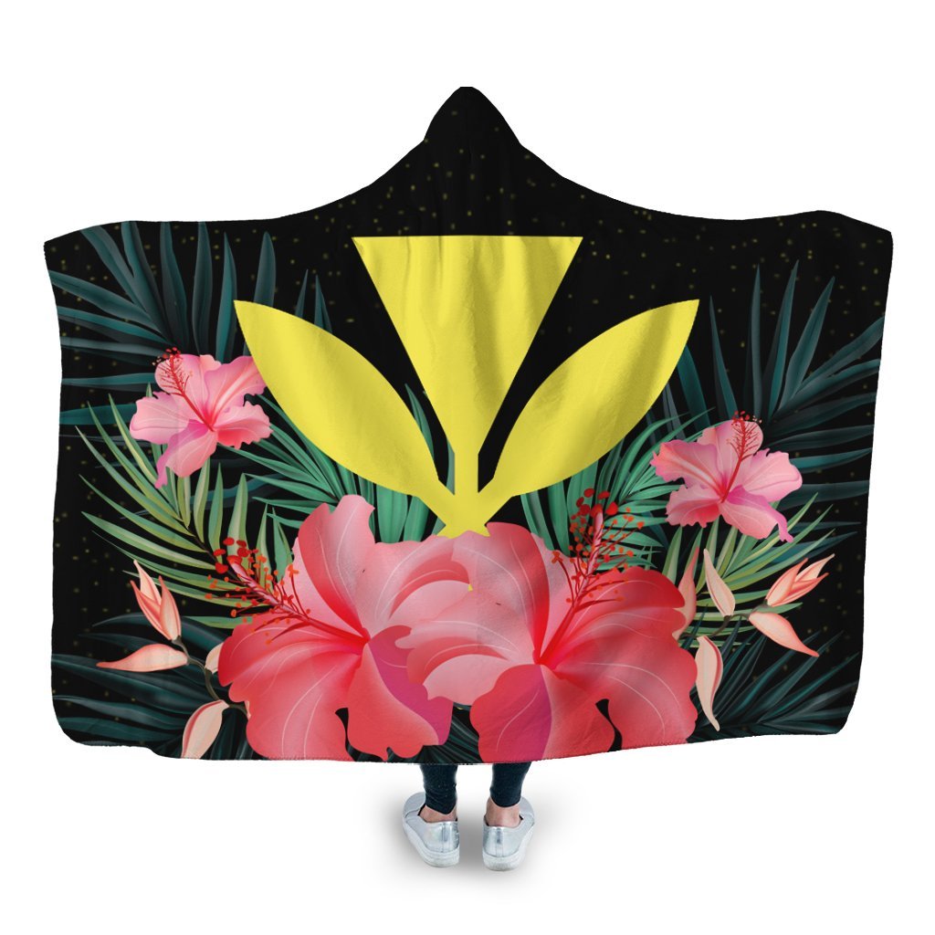 Hawaii Kanaka Tropical Hibiscus Hooded Blanket - AH Hooded Blanket White - Polynesian Pride