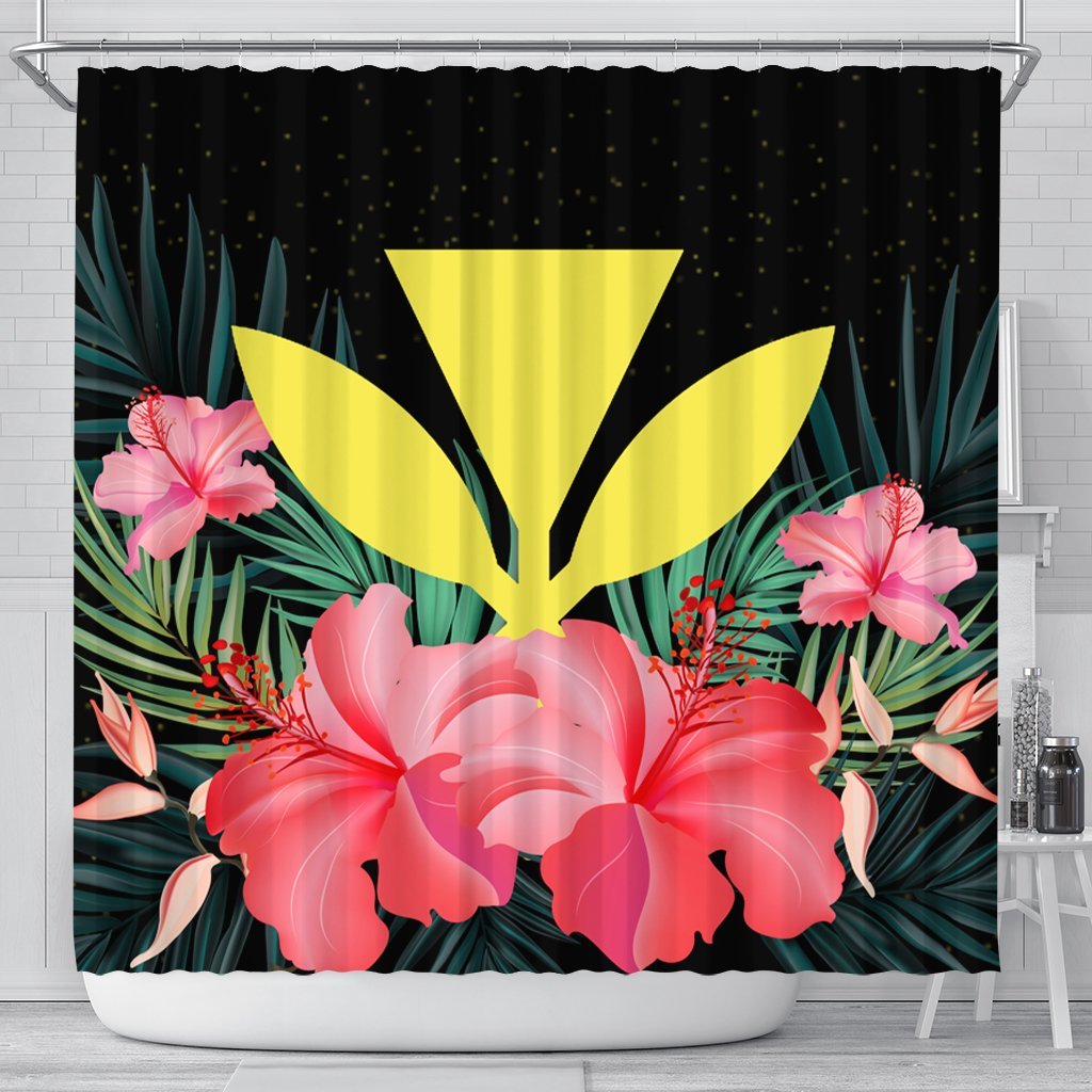 Hawaii Kanaka Tropical Hibiscus Shower Curtain - AH 177 x 172 (cm) Black - Polynesian Pride