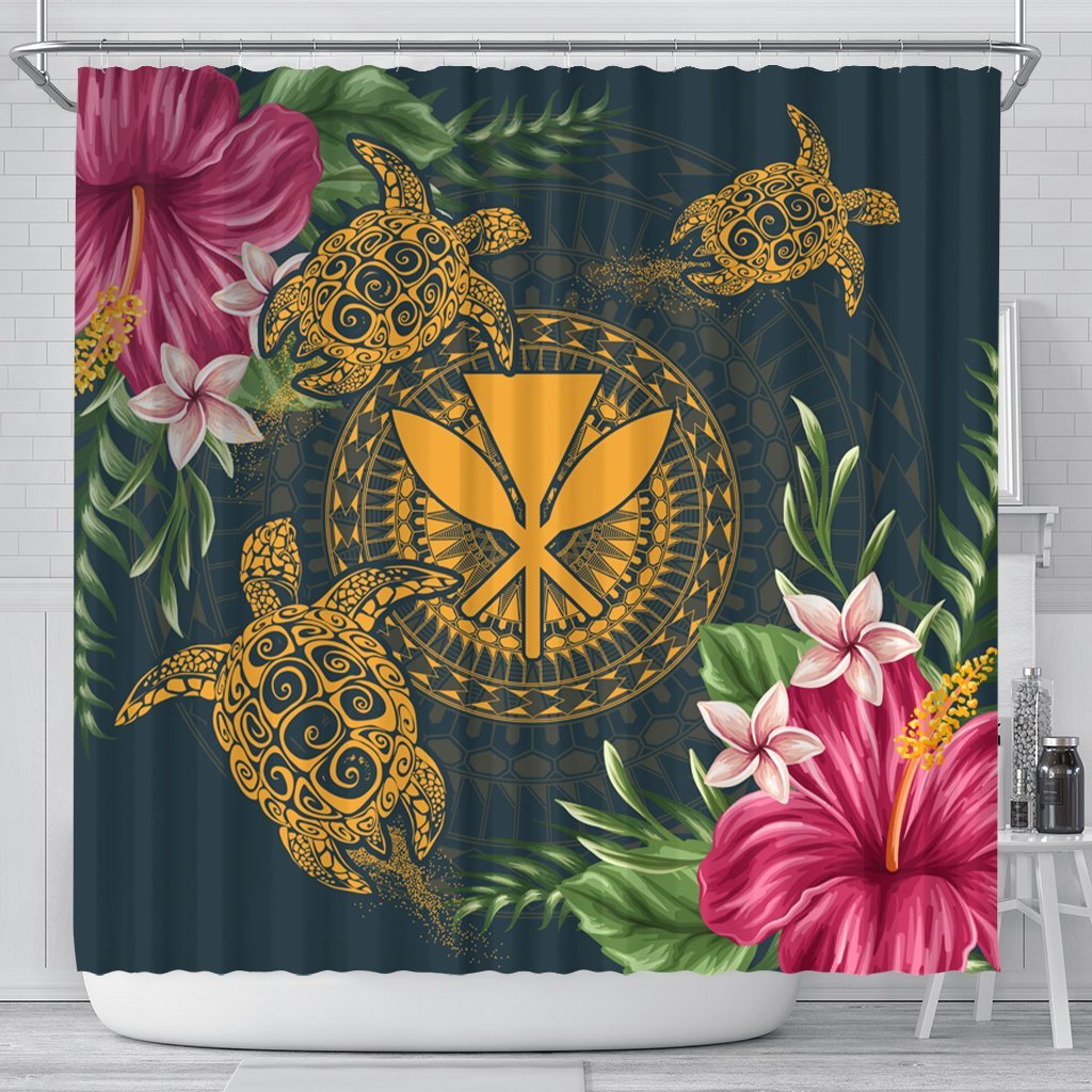 Hawaii Kanaka Turtle Hibiscus Plumerian Polynesia Shower Curtain - Alena Style - AH 177 x 172 (cm) Black - Polynesian Pride