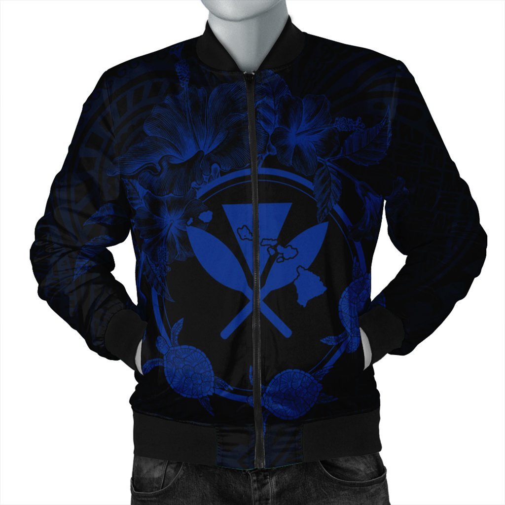 Hawaii Kanaka Turtle Hibiscus Polynesian Bomber Jacket - Anthea Style Blue - AH Black Unisex - Polynesian Pride