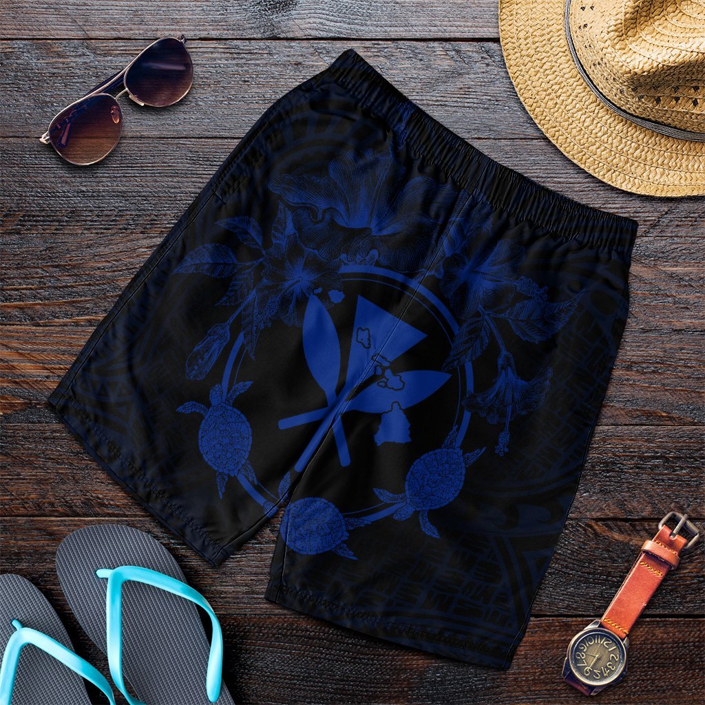 Hawaii Kanaka Turtle Hibiscus Polynesian Men's Shorts - Anthea Style Blue - AH Art - Polynesian Pride