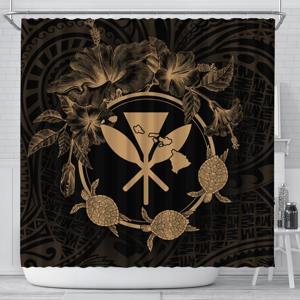 Hawaii Kanaka Turtle Hibiscus Polynesian Shower Curtain - Anthea Style Gold - AH 177 x 172 (cm) Black - Polynesian Pride